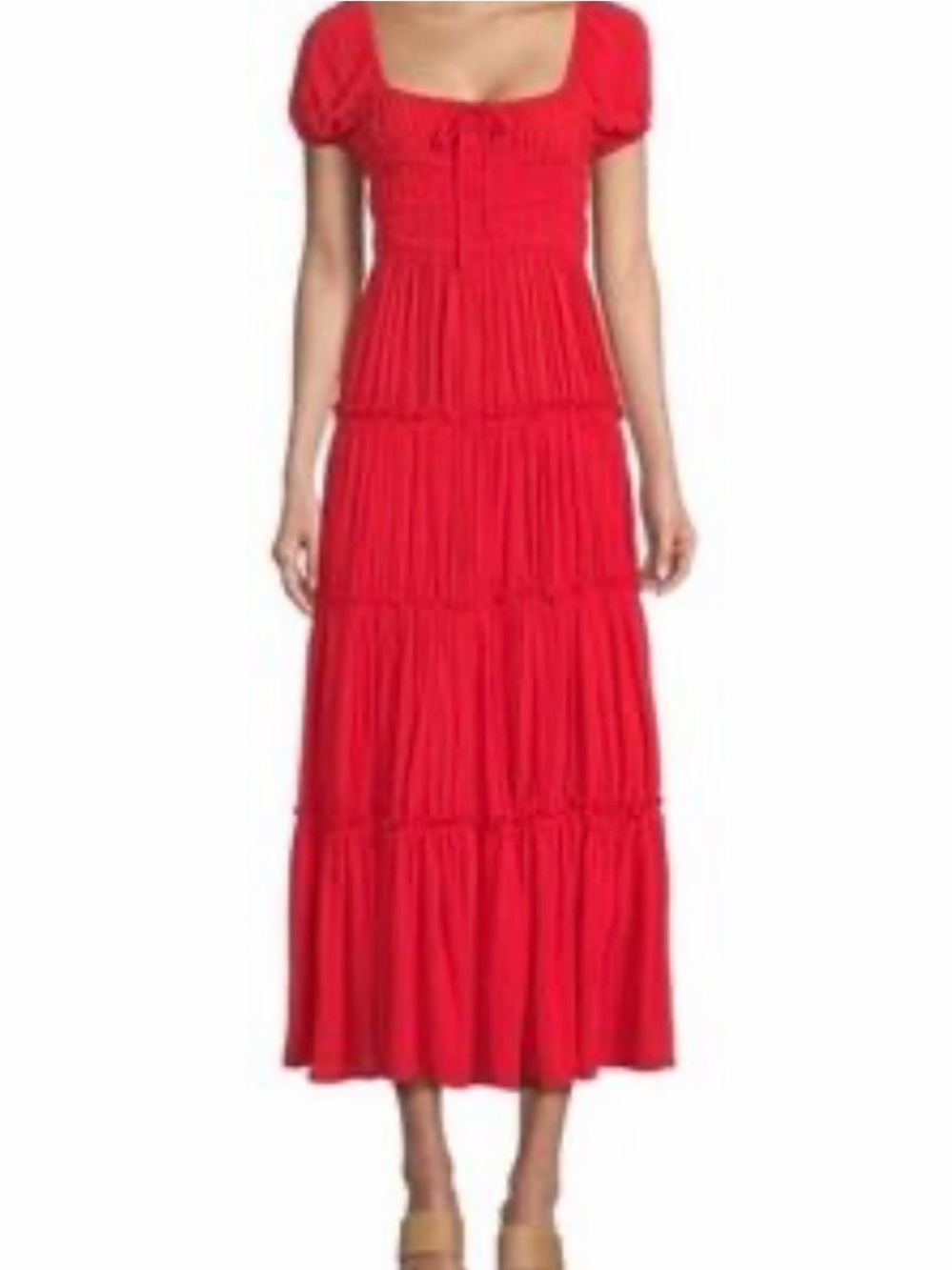CHELSEA & VIOLET SIZE XS RED SOLID MAXI A-LINE PUFF SLEEVE SQUARE NECK NWT